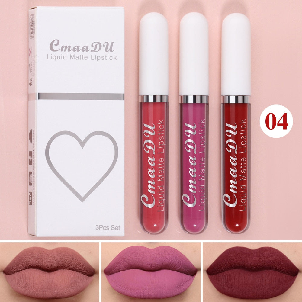 Waterproof Lip Gloss Velvet Matte Long-lasting Moisturizing Non-Fade Velvet Lipstick Lip Tint Women Cosmetics Makeup 3 Color/set