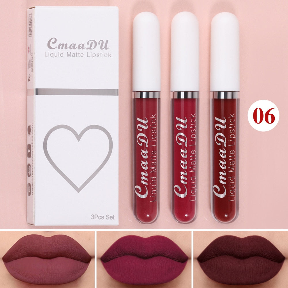 Waterproof Lip Gloss Velvet Matte Long-lasting Moisturizing Non-Fade Velvet Lipstick Lip Tint Women Cosmetics Makeup 3 Color/set