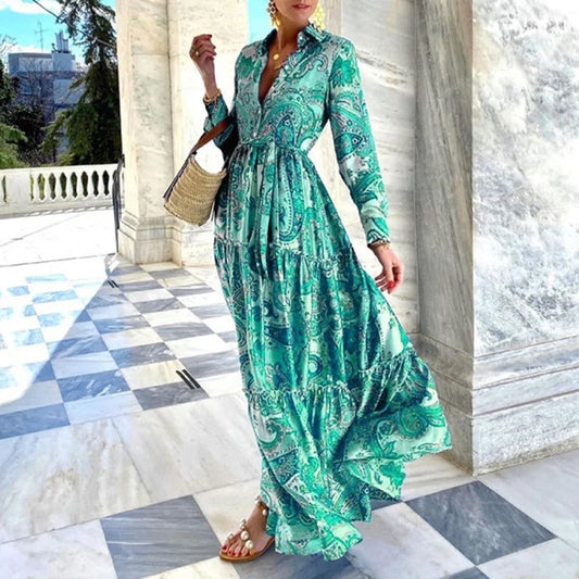 qgtao Summer Loose Boho Maxi Beach Dress Sexy Turn-down Collar Button Long Shirt Dress Women Spring Floral Print Pleated Party Dresses