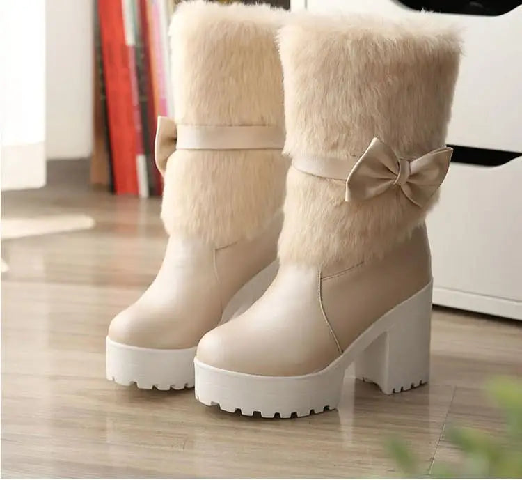 qgtao High-heeled snow boots female Lolita sweet bow student fur boots  plus cashmere keep warm women shoes cute bowknot kawaii snow