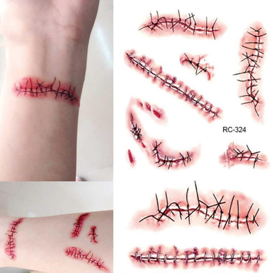 qgtao  Body Makeup Tattoo Stickers Halloween Simulation Horror Bleeding Suture Scars Stickers DIY Halloween Decoration Party Supplies