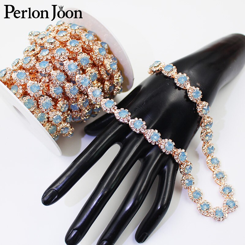 1yard Color crystal jelly rhinestones trim Ribbon Rose gold metal crystal chain for dress, bag, shoes accessories ML044