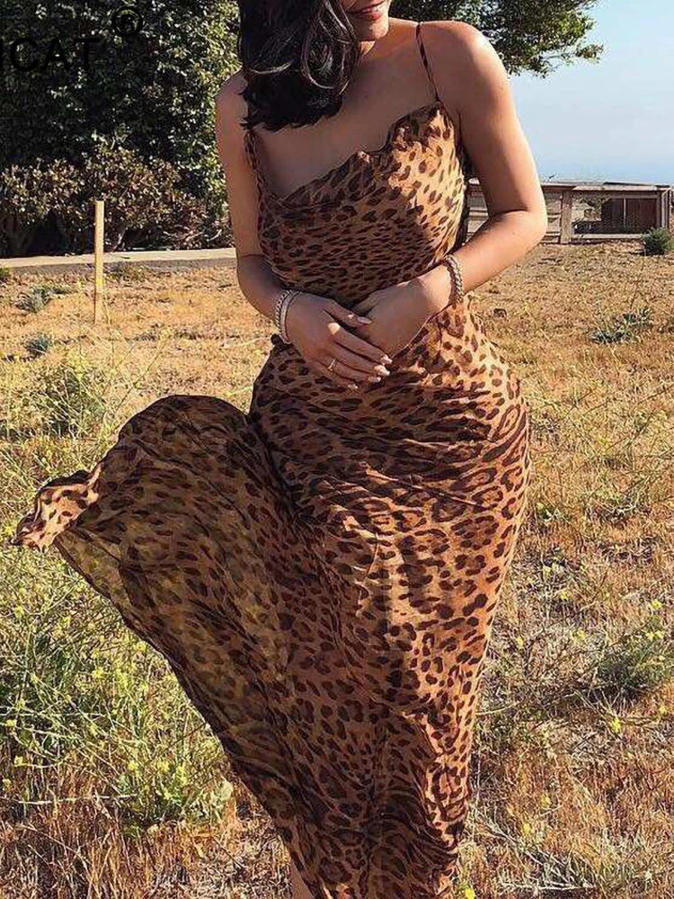 qgtao  Sexy V Neck Leopard Party Dress Women Spaghetti Strap Backless Slim Maxi Dress Summer Chiffon Long Beach Dress Vestidos