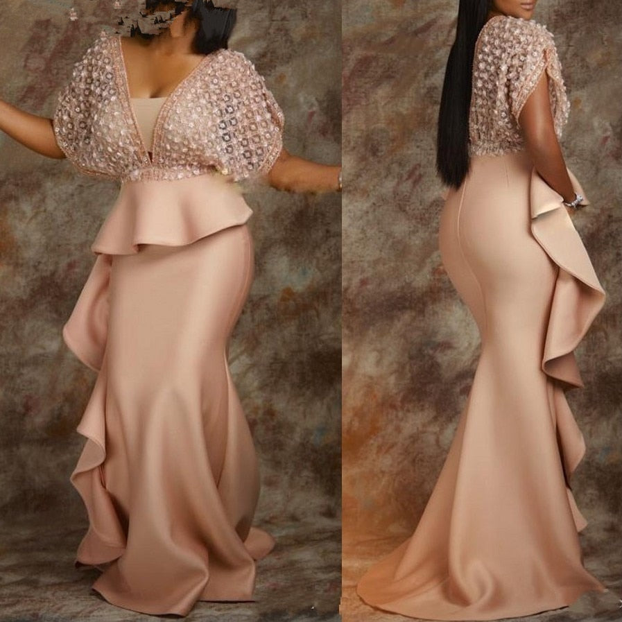 Champagne Abiye Long Mermaid African Evening Dress with Sleeves Peplum Ruffles Plus Size Women Formal Prom Dresses 2022 Elegant