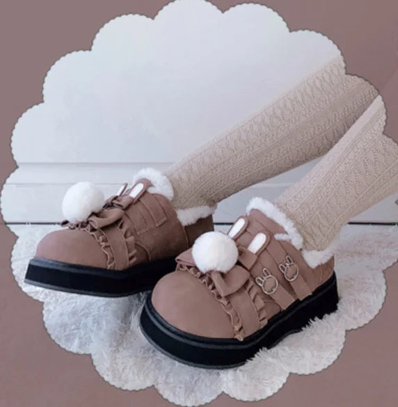 qgtao Winter kawaii girl sweet lolita shoes vintage round head plus cashmere keep warm women shoes cute bowknot kawaii loli snow boots