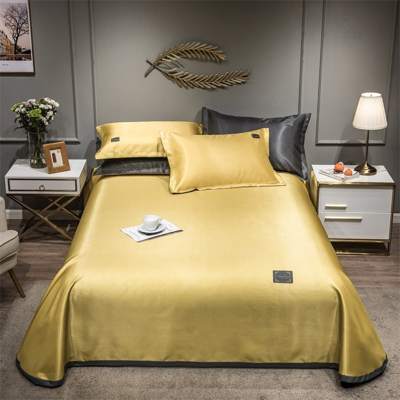 Yeknu Newest Products Pure Color Embroidered ice Silk Mat Bed Cover fitted sheet Pillowcases 3 pcs Luxury Bedding Yellow Color