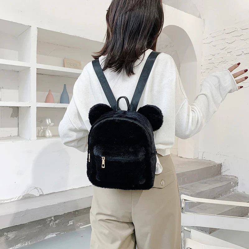 qgtao Korean Mini Backpack For Girls Cute New Bear Ears Plush Women Backpack Faux Fur Shoulders Bag Furry Ladies Bagpack KPOP