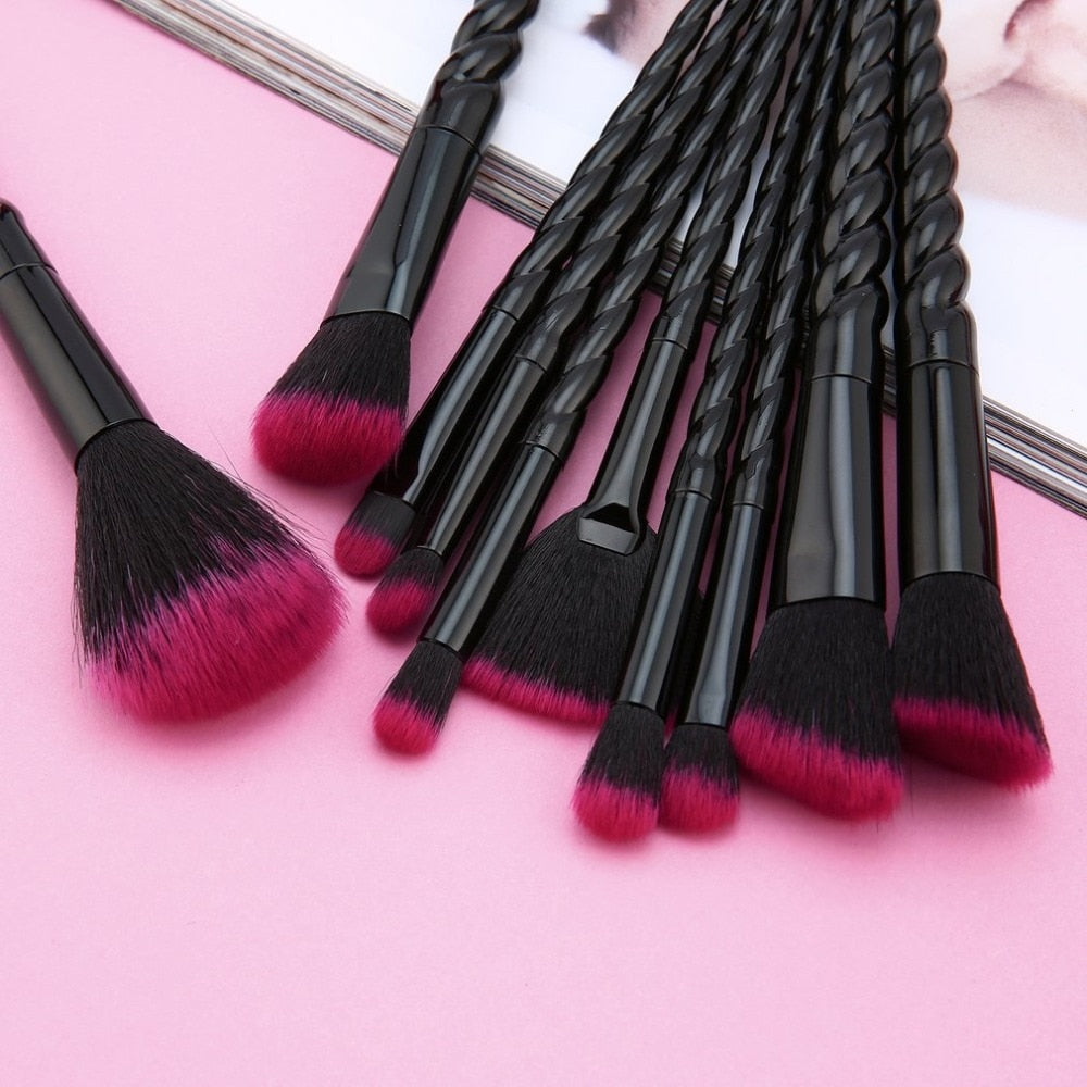 NEW BLACK+RED 10PCS/SET Spiral Design Plastic Handle Beauty Makeup Brushes Cosmetic Foundation Powder Blush Make Up Brush Tool