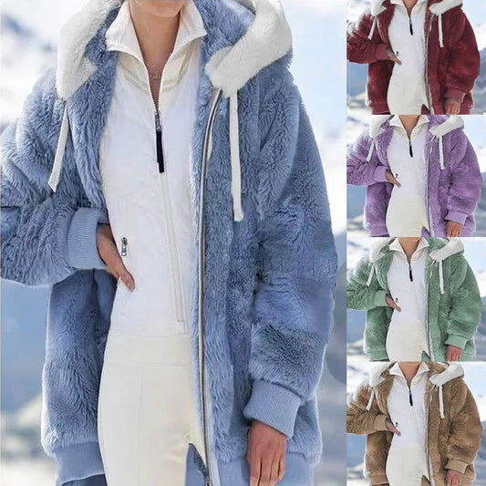 qgtao 2024 Autumn Winter Women Warm Jacket Coat Fashion Plush solid color Zipper Pocket Hooded Outwear Top Plus Size S to 5Xl