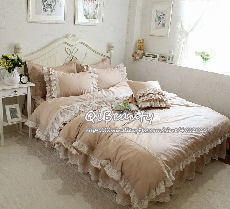 qgtao Khaki Lace Flounced Princess Thick Cotton Four-piece Set Bedding Kit Bedding Set Queen Size