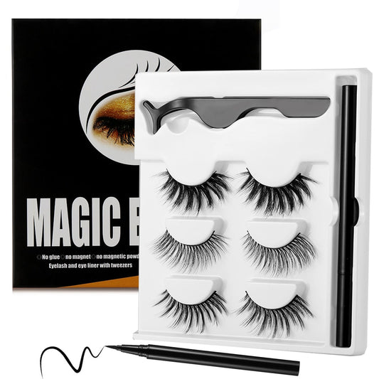 3 Pairs Self Adhesive False Eyelashes Eyeliner Kit a Liquid Eyeliner Non Magnetic Lashes No Glue Needed Eye Makeup Tools