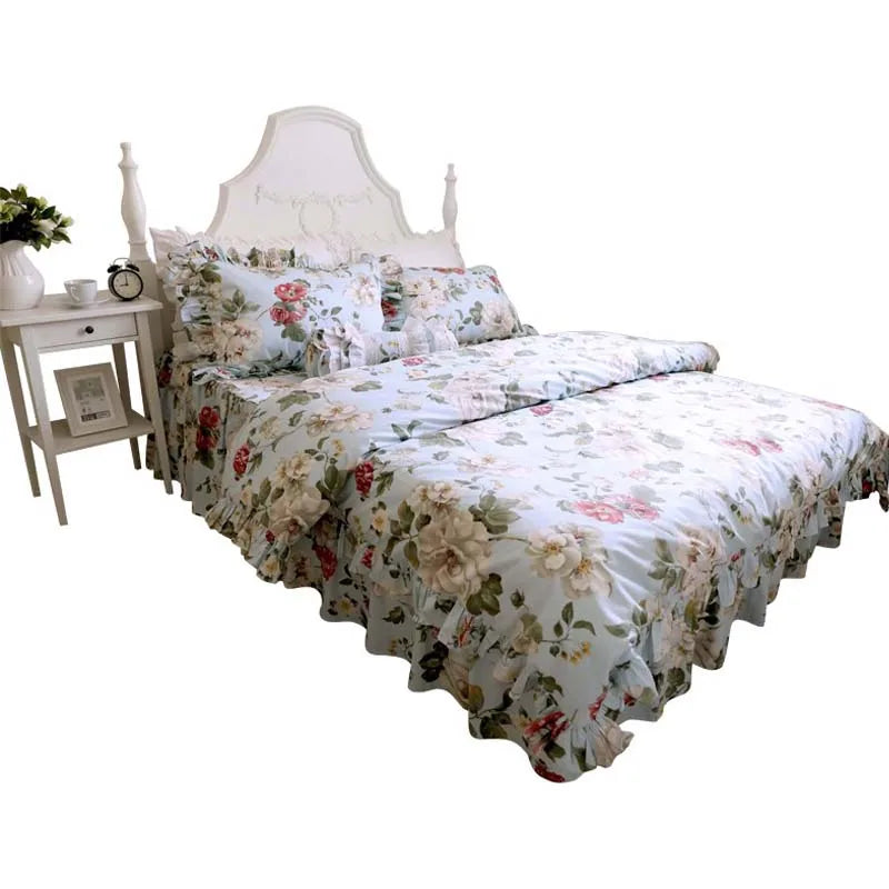 Yeknu Korean 100% Cotton Floral Bedding Set Flounced Rural European Garden Cotton 4pcs Set Cake Layer Ruffles Duvet Cover King Queen