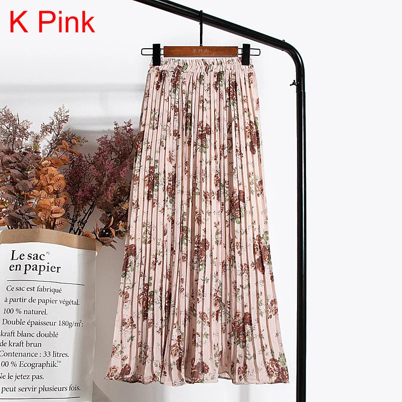 qgtao Skirts Womens 2024 High Waist Floral Print Mid Calf Long Pleated Skirt Women Summer Vintage Elegant Chiffon Midi Skirt