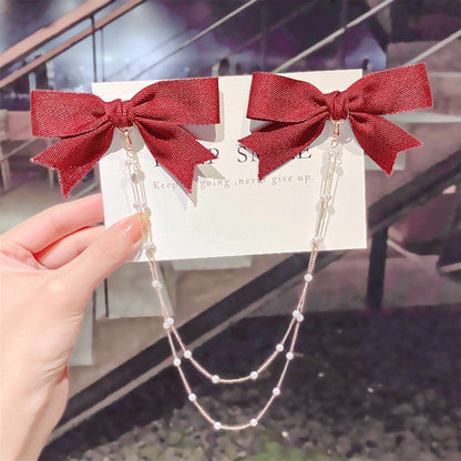AWAYTR New Bow Pearls Chain Barrettes Hairpins For Women Rhinestone Spring Hair Clips Ribbon Headband Ponytail Hair Accessories