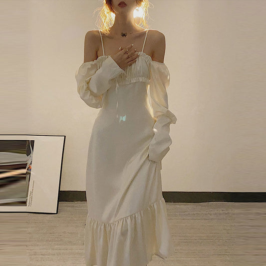 Autumn New style retro sweet one-shoulder square neck puff sleeve trumpet dress women sexy Folds white vintage dresses