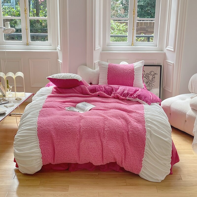 Winter Soft Berber Fleece+Velvet Fleece Princess Bed Skirt Bedding Set Short Plush Ruffle Quilt/Duvet Cover Bed Linen Pillowcase