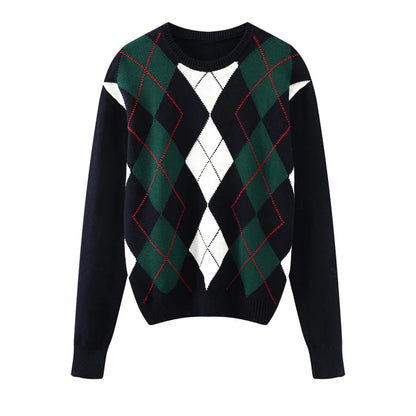 Sweet Girls Vintage Knitted Argyle Sweaters 2024 Early Autumn Fashion Ladies Pullovers Cute Women Chic Sweater Streetwear