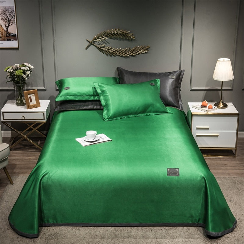 Yeknu Newest Products Pure Color Embroidered ice Silk Mat Bed Cover fitted sheet Pillowcases 3 pcs Luxury Bedding Green Color