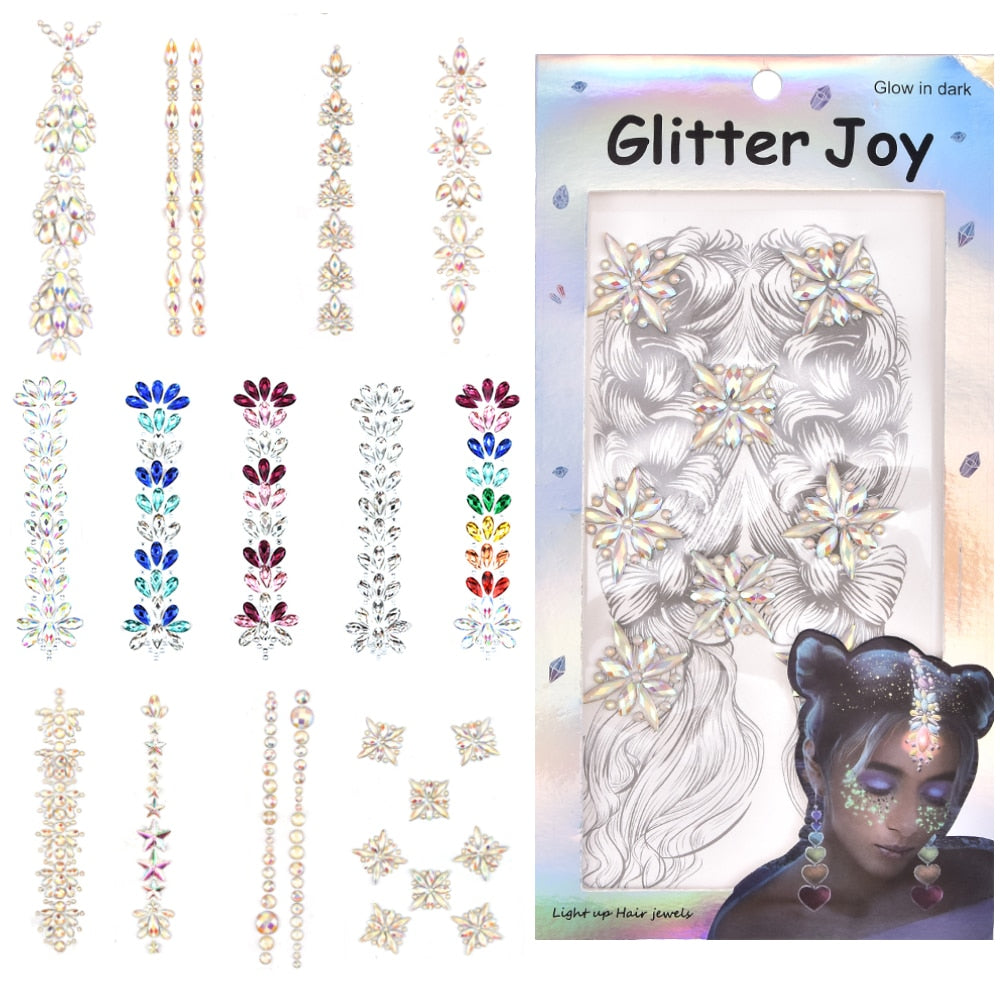 3D Glitter Crystal Forehead Headpiece Sticker Hair Jewels Face Body Gem Luminous Festival Shiny Diamond Temporary Tattoo Sticker