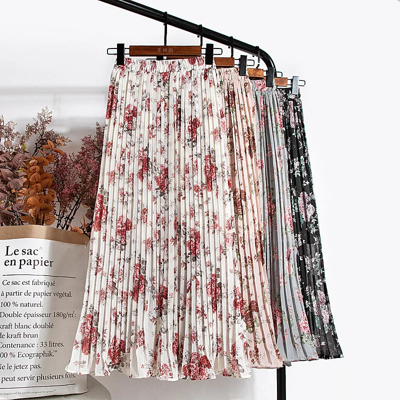 qgtao Skirts Womens 2024 High Waist Floral Print Mid Calf Long Pleated Skirt Women Summer Vintage Elegant Chiffon Midi Skirt