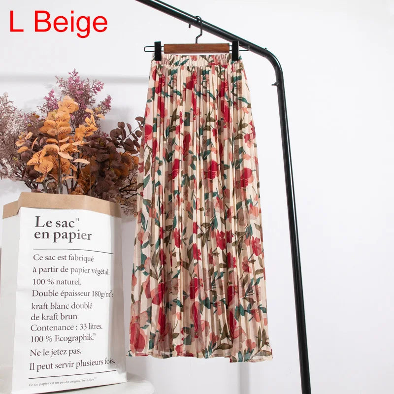 qgtao Skirts Womens 2024 High Waist Floral Print Mid Calf Long Pleated Skirt Women Summer Vintage Elegant Chiffon Midi Skirt