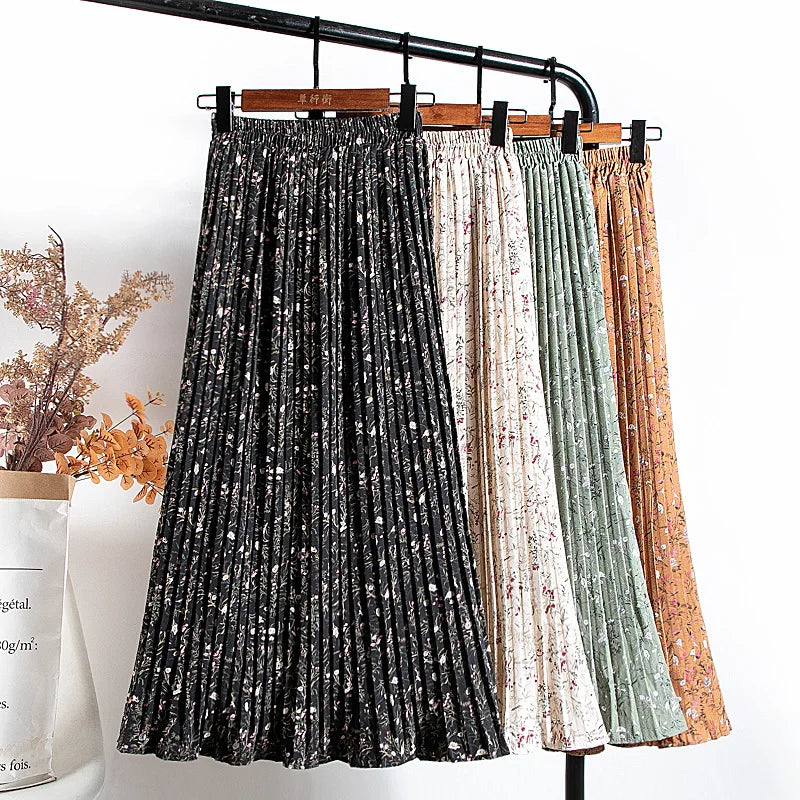 qgtao Skirts Womens 2024 High Waist Floral Print Mid Calf Long Pleated Skirt Women Summer Vintage Elegant Chiffon Midi Skirt