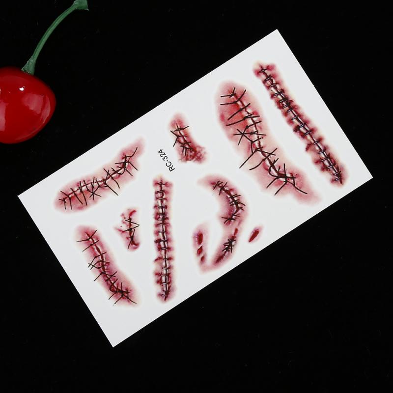 qgtao  Body Makeup Tattoo Stickers Halloween Simulation Horror Bleeding Suture Scars Stickers DIY Halloween Decoration Party Supplies