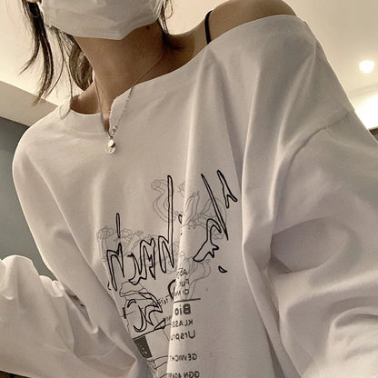 qgtao Y2K T-shirt Fairy Grunge 2023 Vintage Letter Print Tops Black Autumn Off Shoulder Long Sleeved Korean Tees Loose Harajuku Shirt