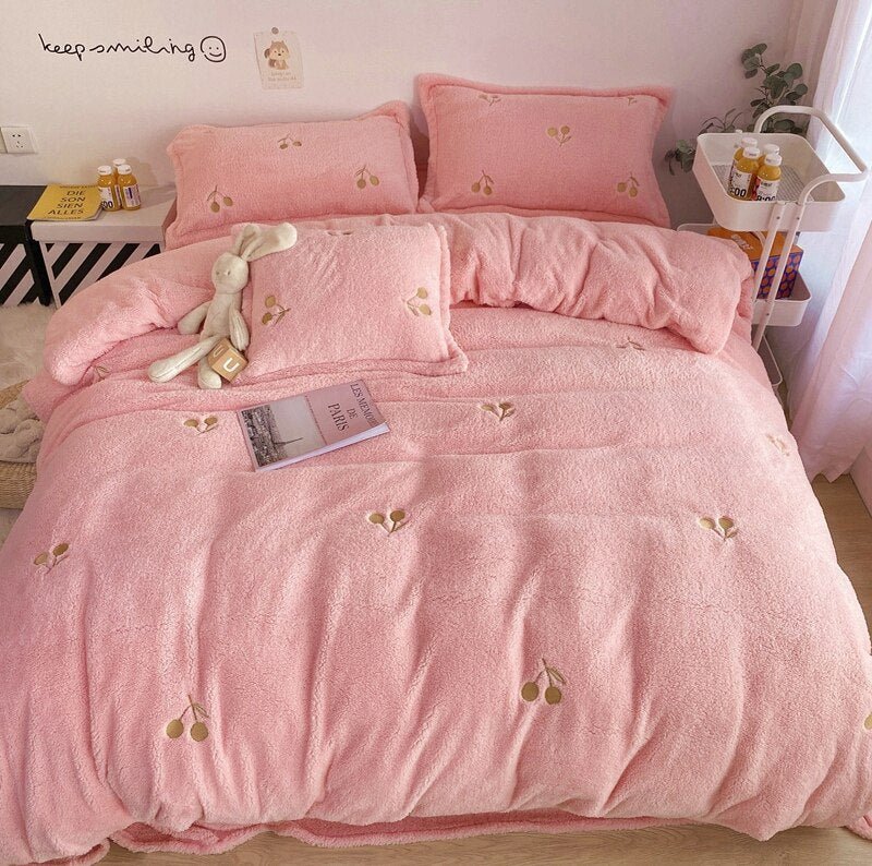 White Winter Warm Berber Fleece Star Embroidery Princess Bedding Set Double Duvet Cover Set Bed Sheet Pillowcases Home Textiles