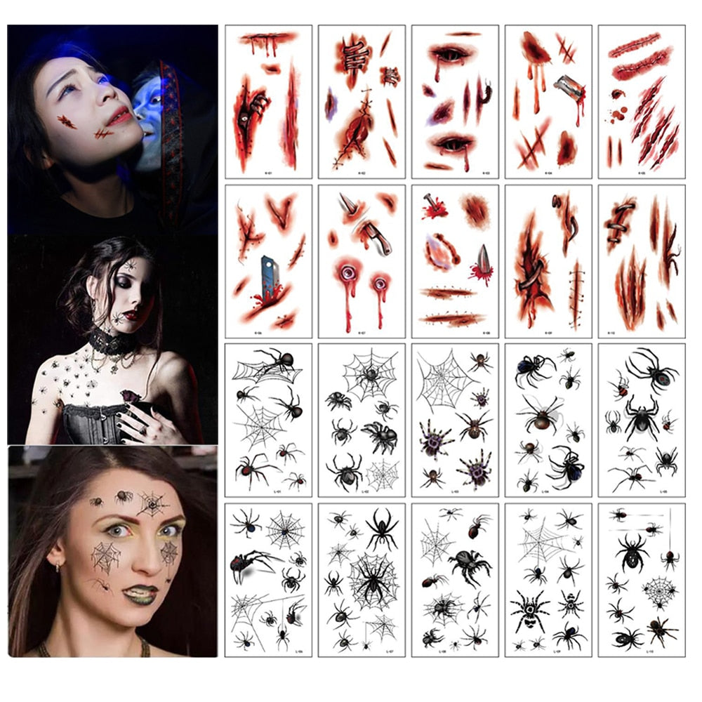 10Sheets/Pack New Halloween Holiday Face Makeup and Terror Spider and Scar Mask Design Fake Temporary Waterproof Tattoo Sticker