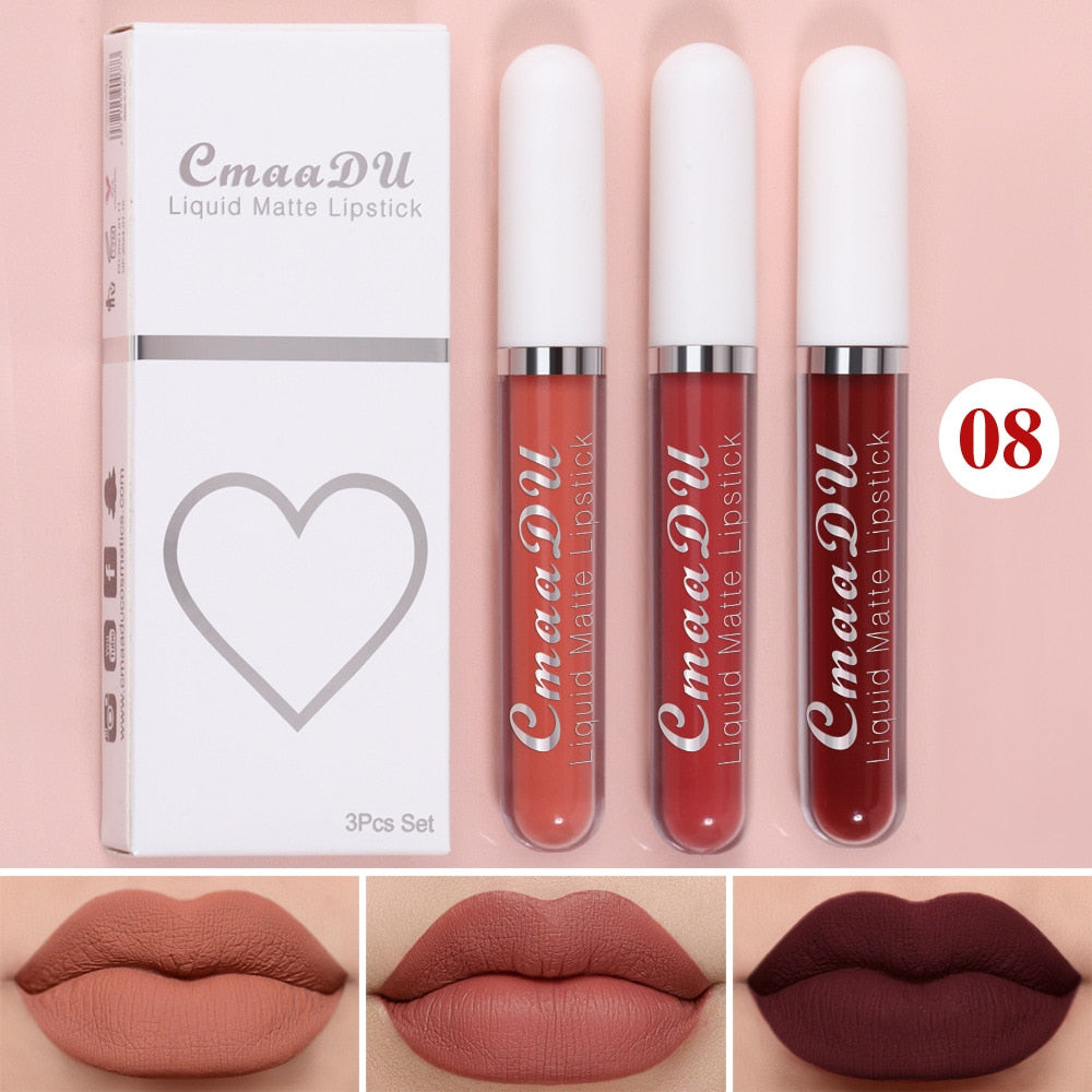 Waterproof Lip Gloss Velvet Matte Long-lasting Moisturizing Non-Fade Velvet Lipstick Lip Tint Women Cosmetics Makeup 3 Color/set