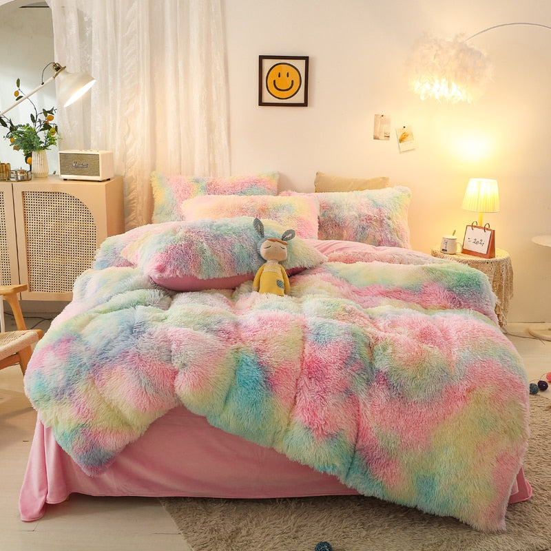 Yeknu - Super Shaggy Coral Fleece Warm Cozy Princess Bedding Set Mink Velvet Quilt/Duvet Cover Set Bed Comforter Blanket Pillowcases