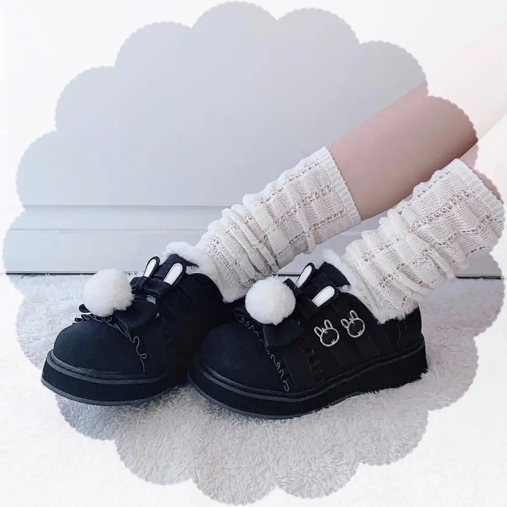 qgtao Winter kawaii girl sweet lolita shoes vintage round head plus cashmere keep warm women shoes cute bowknot kawaii loli snow boots