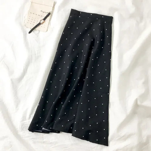 qgtao 2024 Summer Women Black Polka Dot Chiffon Long Skirt Elegant Lady High Waist Maxi Skirts Casual Boho Beach Vintage Slim Skirt