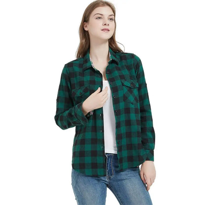 qgtao Women Tops Collared Button Down shirts Ladies Blouses Roll up Long Sleeve Western Tartan Plaid Flannel Shirt  Hot Sale plus size