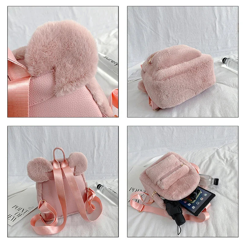 qgtao Korean Mini Backpack For Girls Cute New Bear Ears Plush Women Backpack Faux Fur Shoulders Bag Furry Ladies Bagpack KPOP