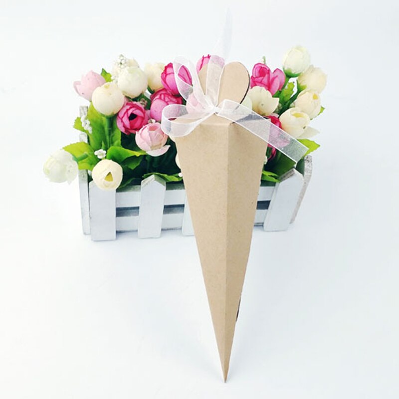 50Pcs Ice Cream Cone Shaped Wedding Candy Box Favor Gift Packaging Box With Ribbon Wedding Birthday Christmas Party Decorations