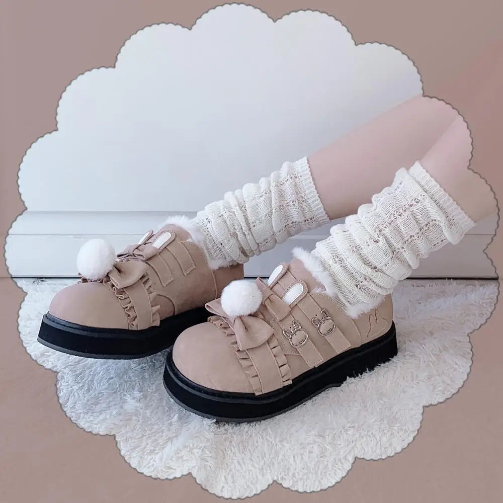 qgtao Winter kawaii girl sweet lolita shoes vintage round head plus cashmere keep warm women shoes cute bowknot kawaii loli snow boots