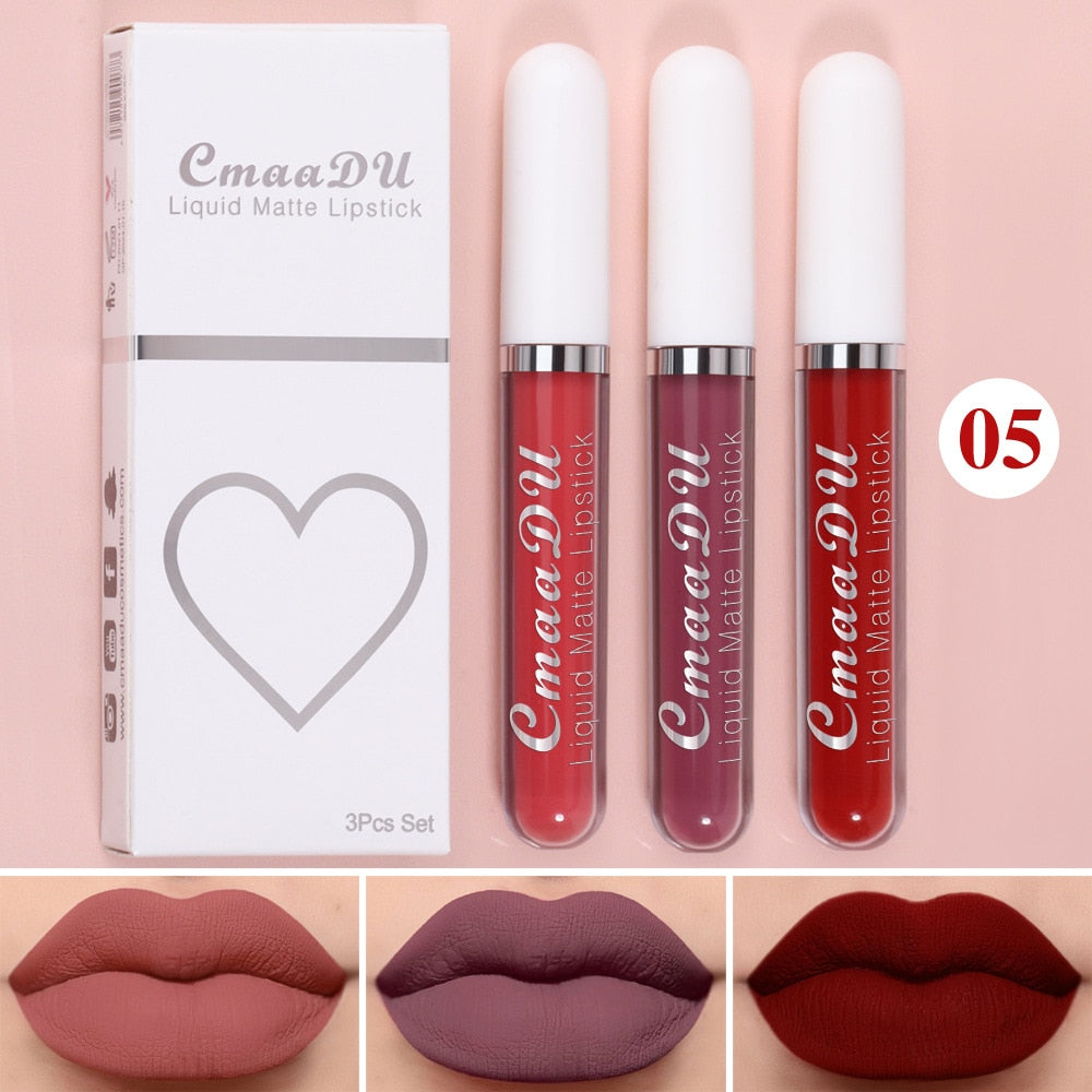 Waterproof Lip Gloss Velvet Matte Long-lasting Moisturizing Non-Fade Velvet Lipstick Lip Tint Women Cosmetics Makeup 3 Color/set