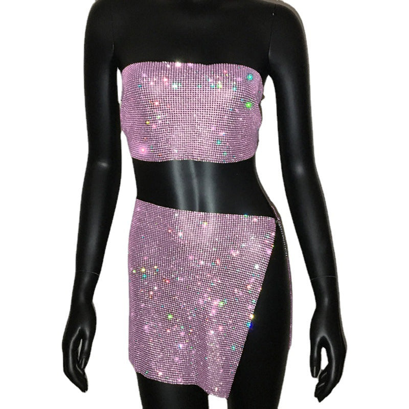 qgtao dti outfits Fashion Nightclub Women's Personalized Rhinestone Metal Tube Top Skirt Suit Hot Girl Flash Diamond Top