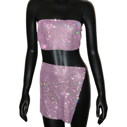 qgtao dti outfits Fashion Nightclub Women's Personalized Rhinestone Metal Tube Top Skirt Suit Hot Girl Flash Diamond Top