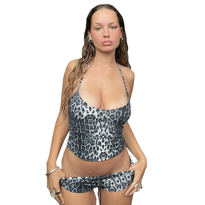 qgtao outfit ideas  Summer New Leopard Print Sexy Navel Lace-up Top Shorts Suit