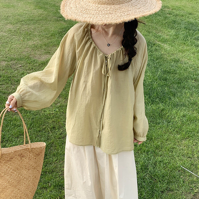 2025 2025 thin sunscreen shirt Korean temperament loose sweet strap design top 23060
