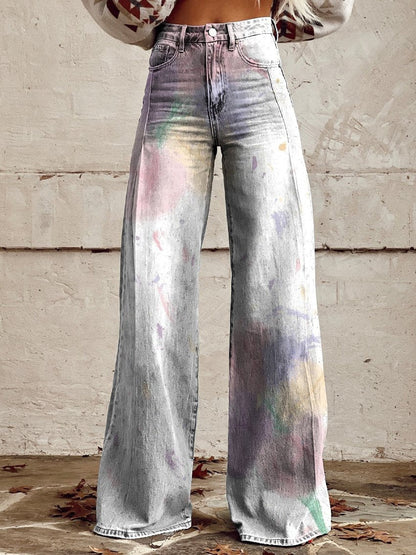 qgtao pants Rainbow Women's Wide-Leg Pants New Thermal Transfer plus Size Flared Pants Women's Trousers