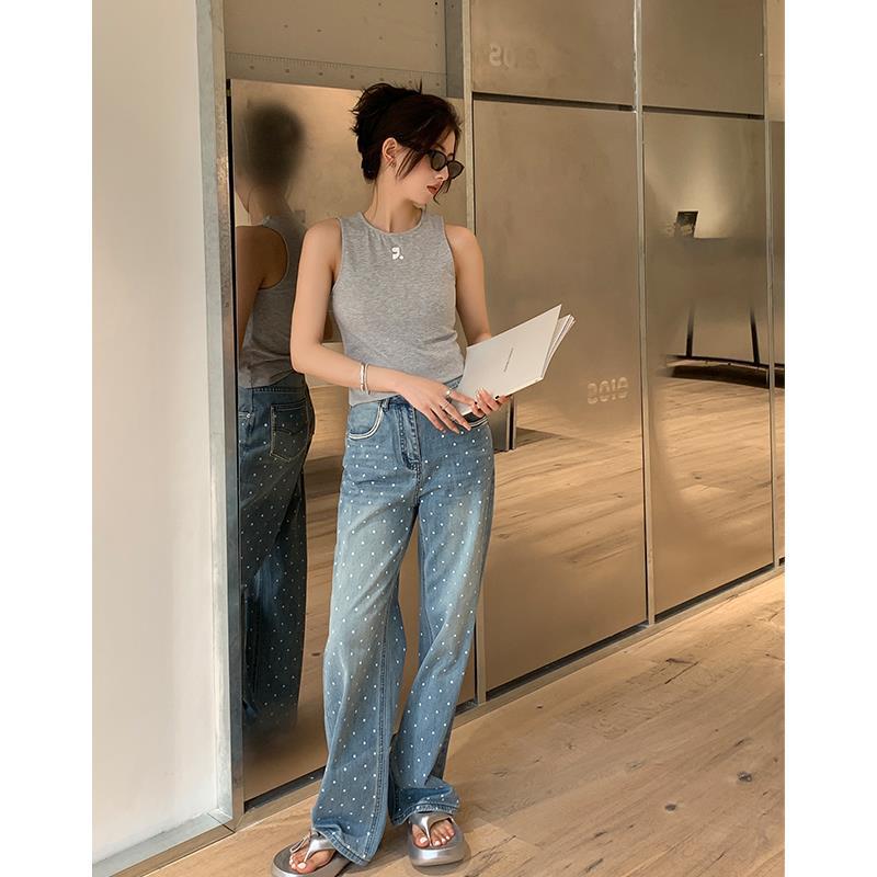 qgtao dti outfits Retro Small Polka Dot Straight Jeans Women's Thin Summer New Loose Trousers Blue Wide Leg Pants