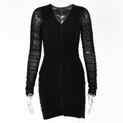 2025  Popular trade women's clothing  summer new Spice Girls sexy short dress single-breasted mesh long-sleeved V-neck dress