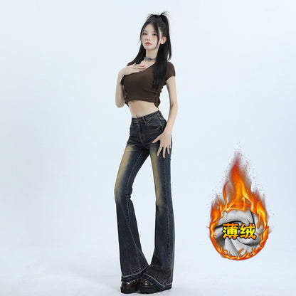 2025 Thin velvet slightly pulled jeans women's autumn and winter popular new retro horseshoe n slim-fitting high-waisted floor-mopping flared pants