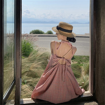 2025 Pink color plaid neck dress women's summer small man pure desire wind sexy backless vacation wind suspender skirt