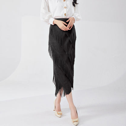 fringed skirt spring and summer high sense irregular medium and long temperament versatile straight hip skirt Popular style