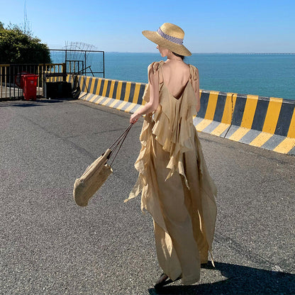 2025 Niche design seaside vacation suit wear women's summer lotus leaf edge streamer vest loose wide-leg pants two-piece set